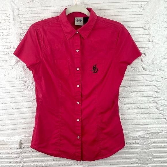 Harley Davidson Women's Pearl Snap Front Fitted Pink Embellished Blouse Small - Picture 1 of 14